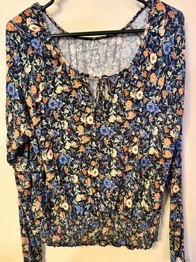 American Eagle Floral Peasant Blouse - Navy with Orange & Blue Flowers